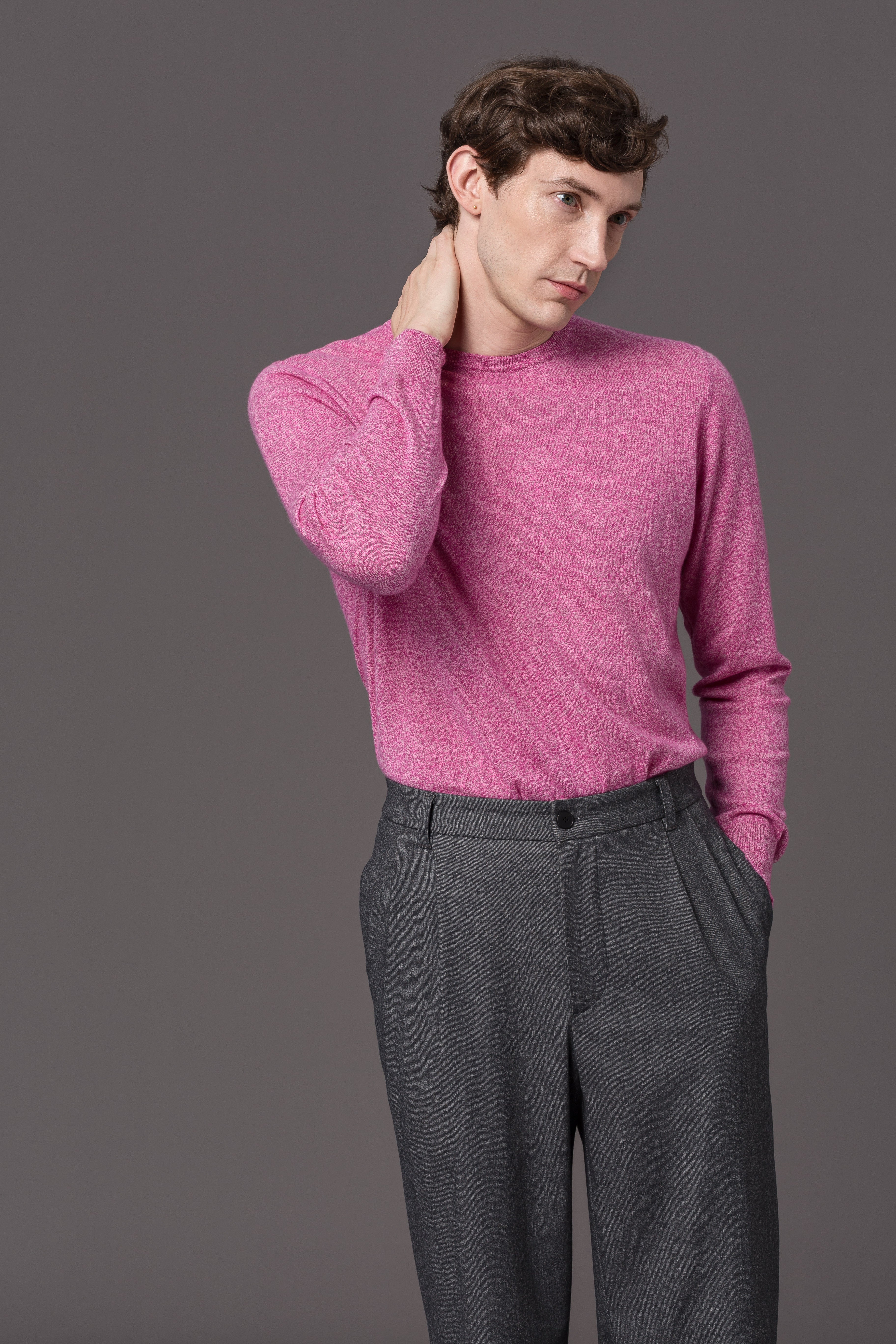 Crewneck Sweater Fine Knit Pink Melange